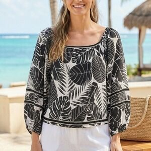 Cynthia Rowley Black White Tropical Leaf Print Square Neck Linen Blouse Top‎ XL